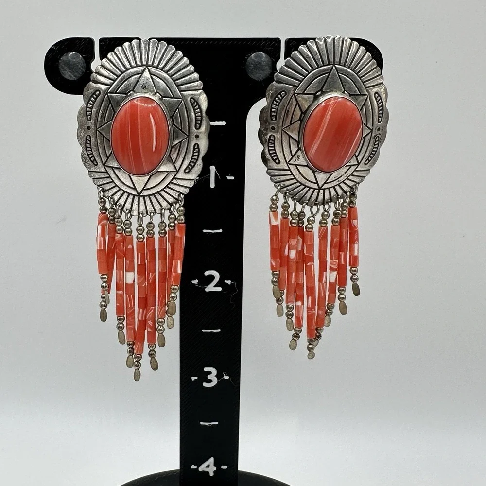Navajo Sterling Silver Coral Dangle Earrings TK Emerson Southwestern Pierced 3